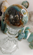 Load image into Gallery viewer, Amazonite &amp; Pyrite Crystal Sphere with Glass Stand
