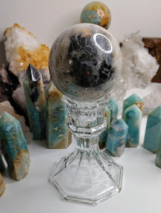 Amazonite & Pyrite Crystal Sphere with Glass Stand