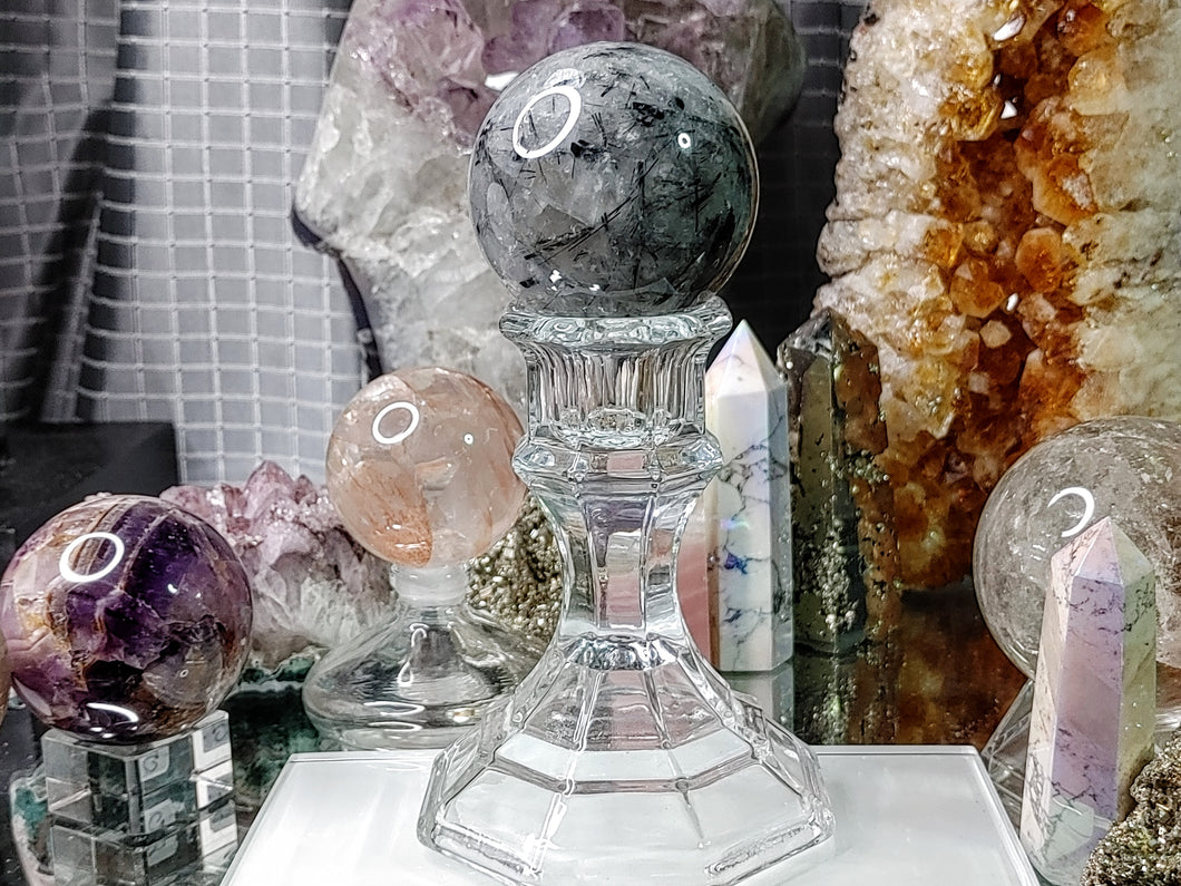 Tourmalinated Quartz Crystal Sphere with Stand