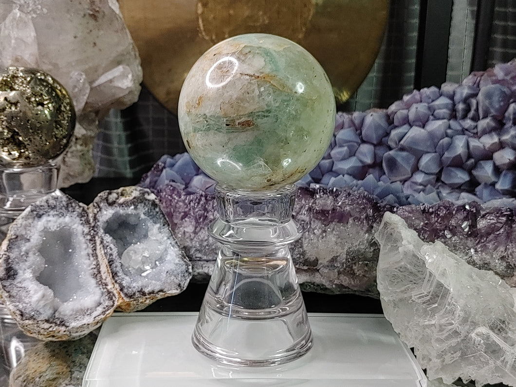 Green Fluorite Crystal Sphere with Stand